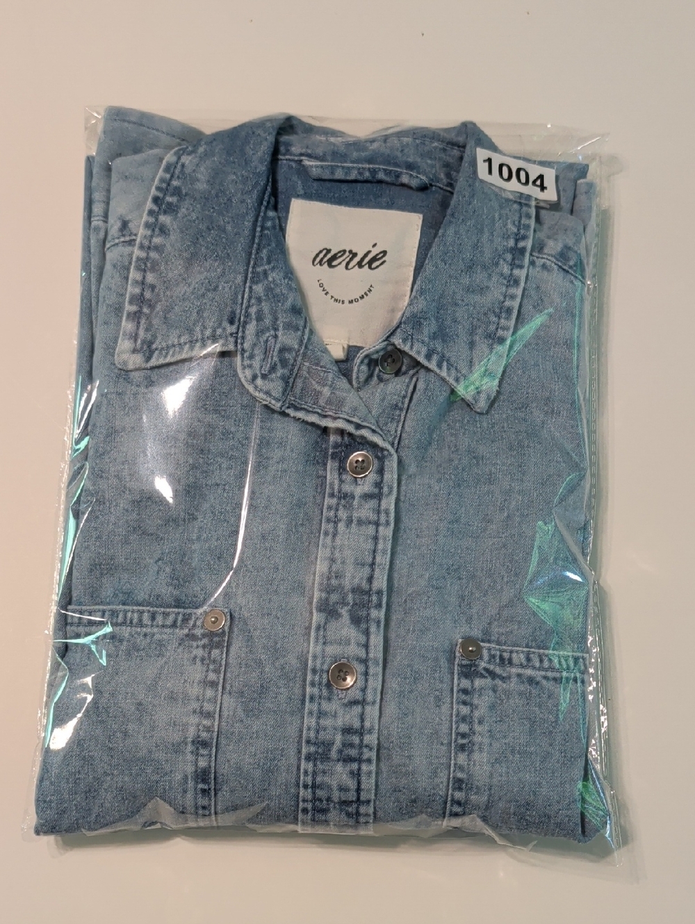 90s AERIE Light Acid Wash Oversized Denim Button Up Moto Grunge Shirt Jacket XS - Picture 14 of 15